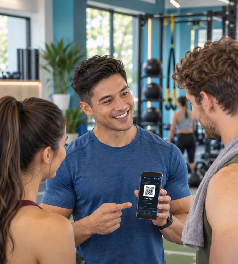 Un entrenador enseña el código QR de Zentalog a dos personas en el gimnasio